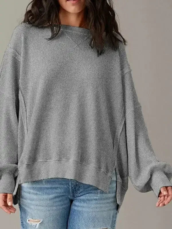 Cotton Waffle Bishop Split Oversized Pullover - Whatever You Like Shop