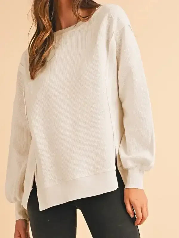 Cotton Waffle Bishop Split Oversized Pullover - Whatever You Like Shop