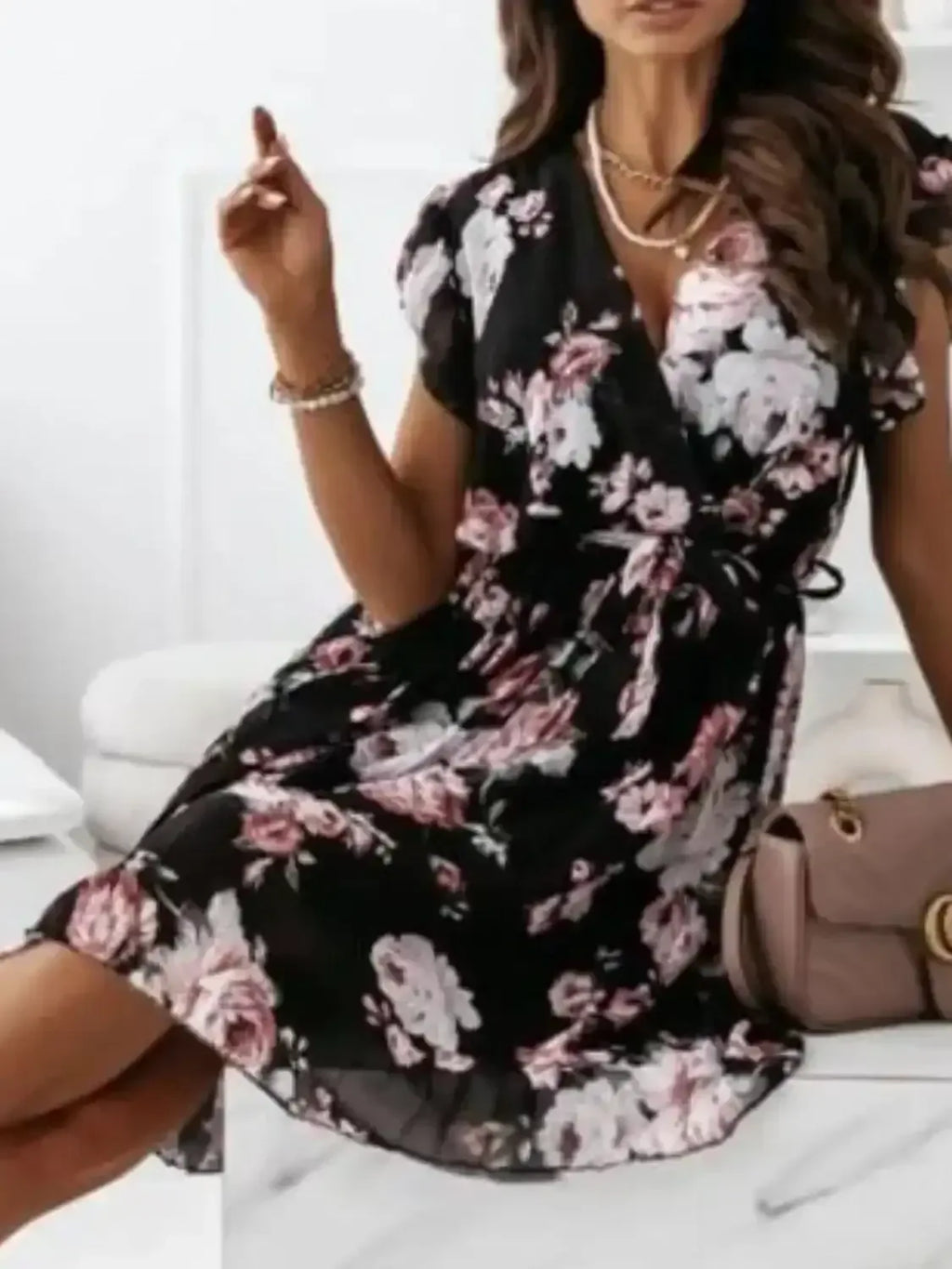 Floral Surplice Ruffled Cap Sleeve Dress - Whatever You Like Shop
