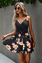 Floral V Neck Spaghetti Strap Belted Cami Dress - Whatever You Like Shop