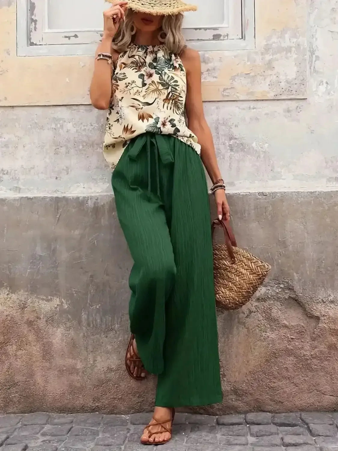 Printed Tank Top and Wide Leg Pants Set - Whatever You Like Shop