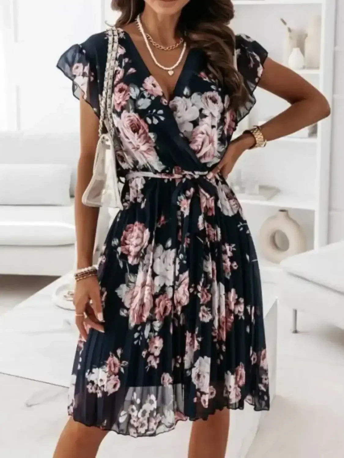 Floral Surplice Ruffled Cap Sleeve Dress - Whatever You Like Shop