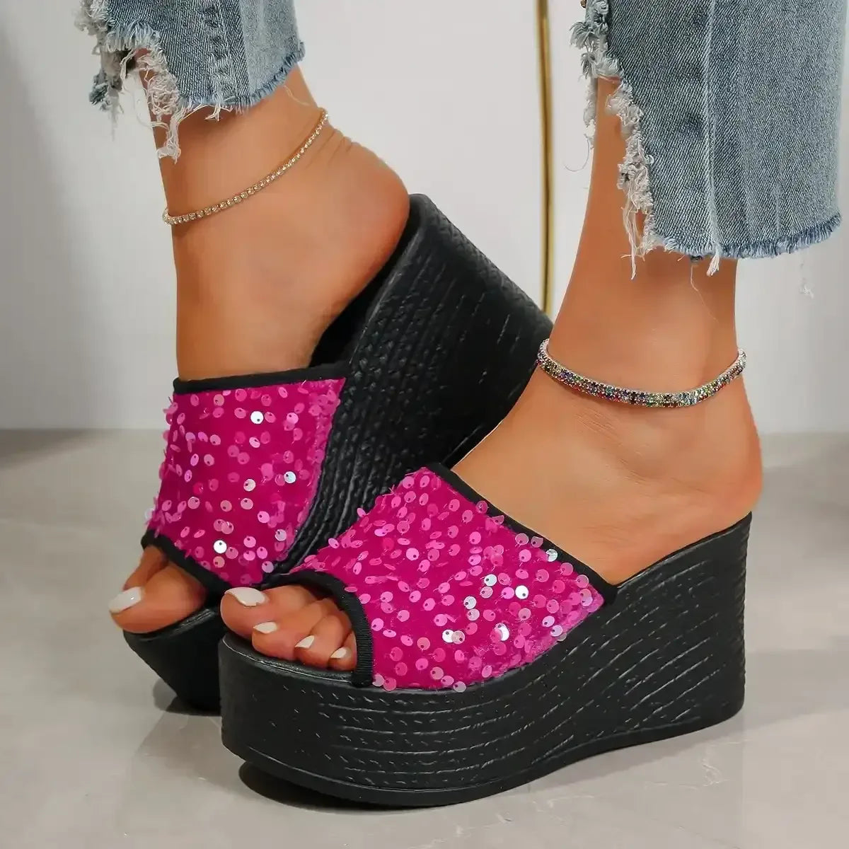 Rhinestone Peep Toe Wedge Sandals - Whatever You Like Shop