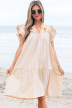 Floral Embroidered Pom Pom Ruffle Sleeve Dress