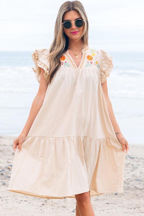 Floral Embroidered Pom Pom Ruffle Sleeve Dress