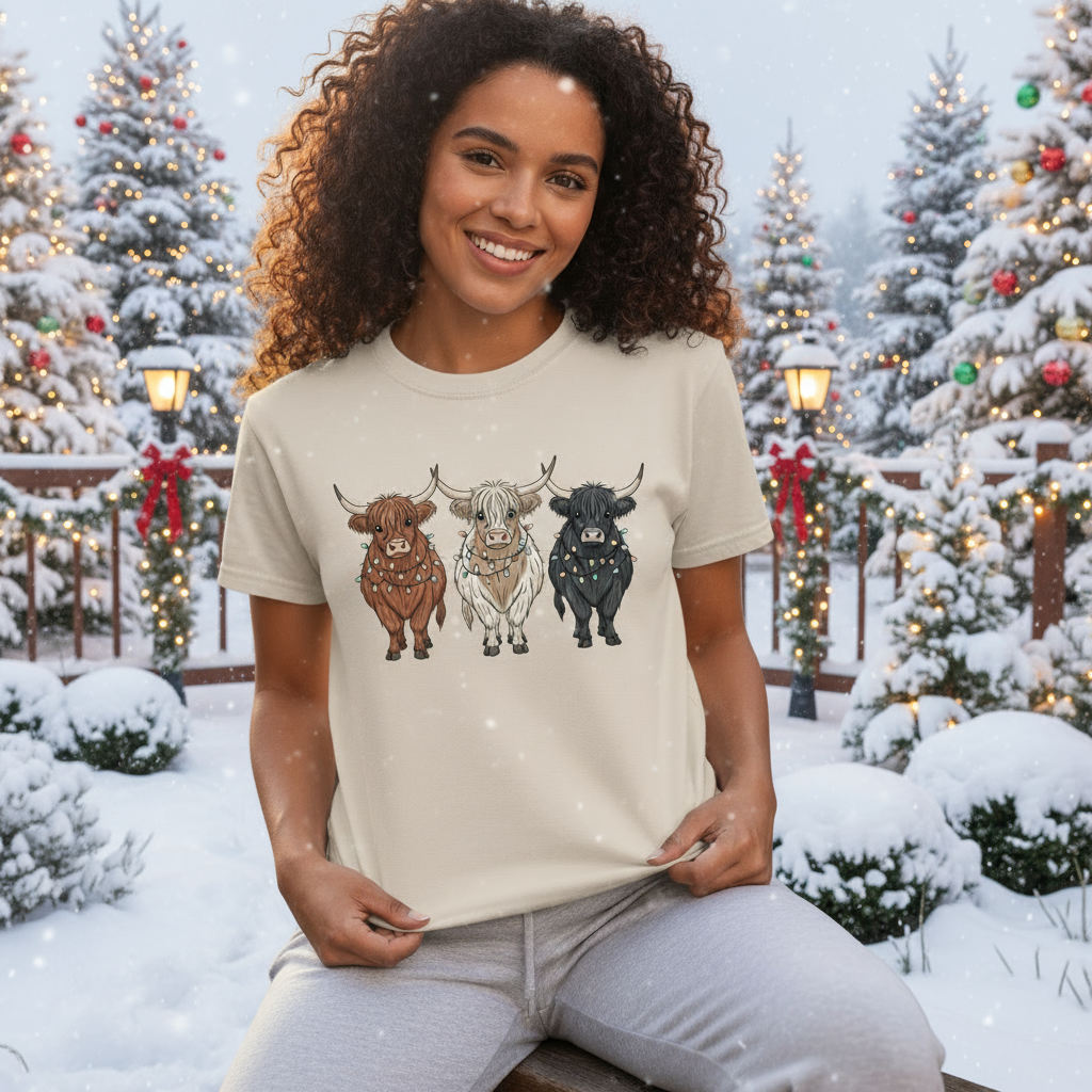 Merry Highland Cows Graphic Tee and Sweatshirt