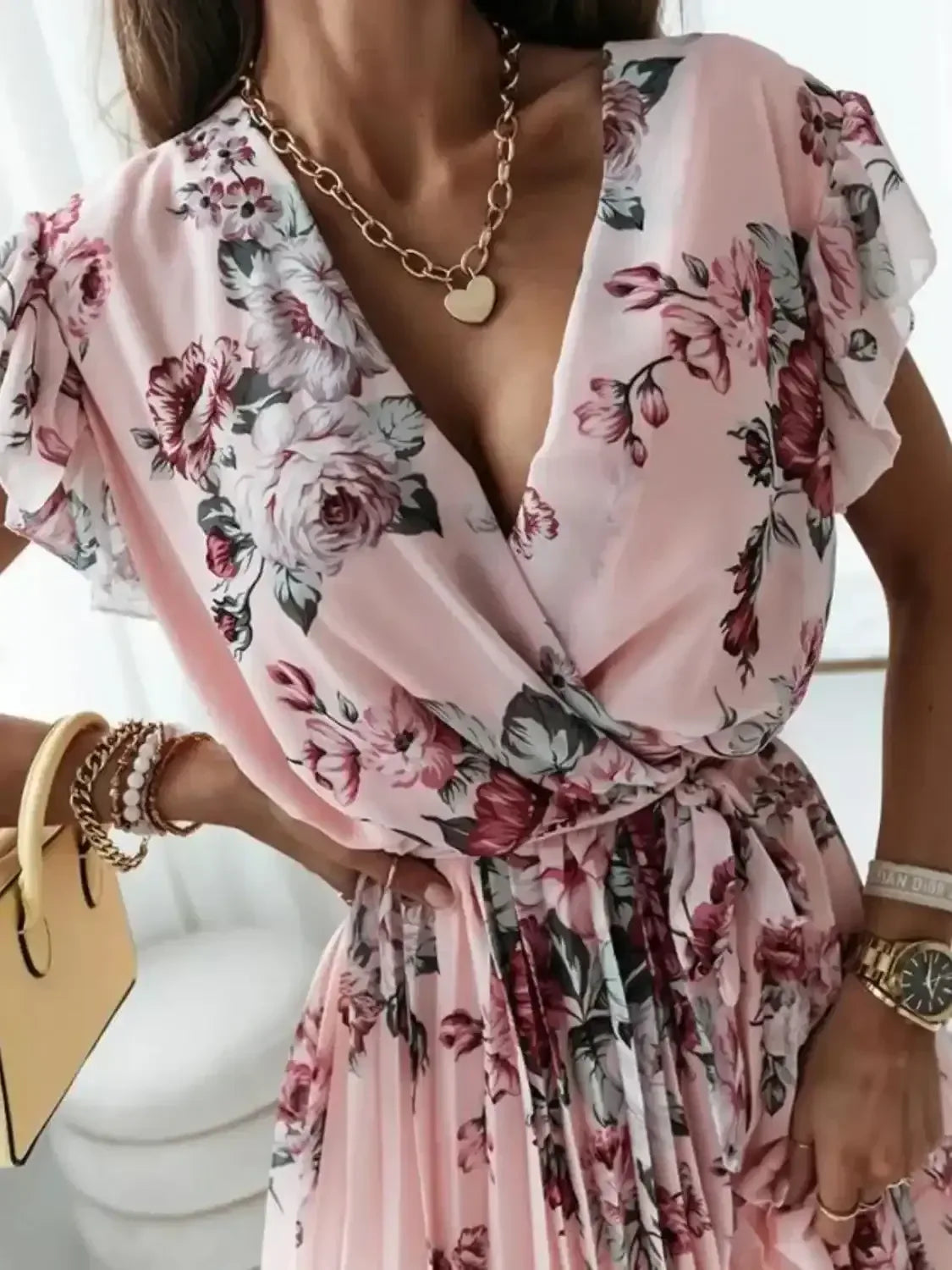 Floral Surplice Ruffled Cap Sleeve Dress - Whatever You Like Shop