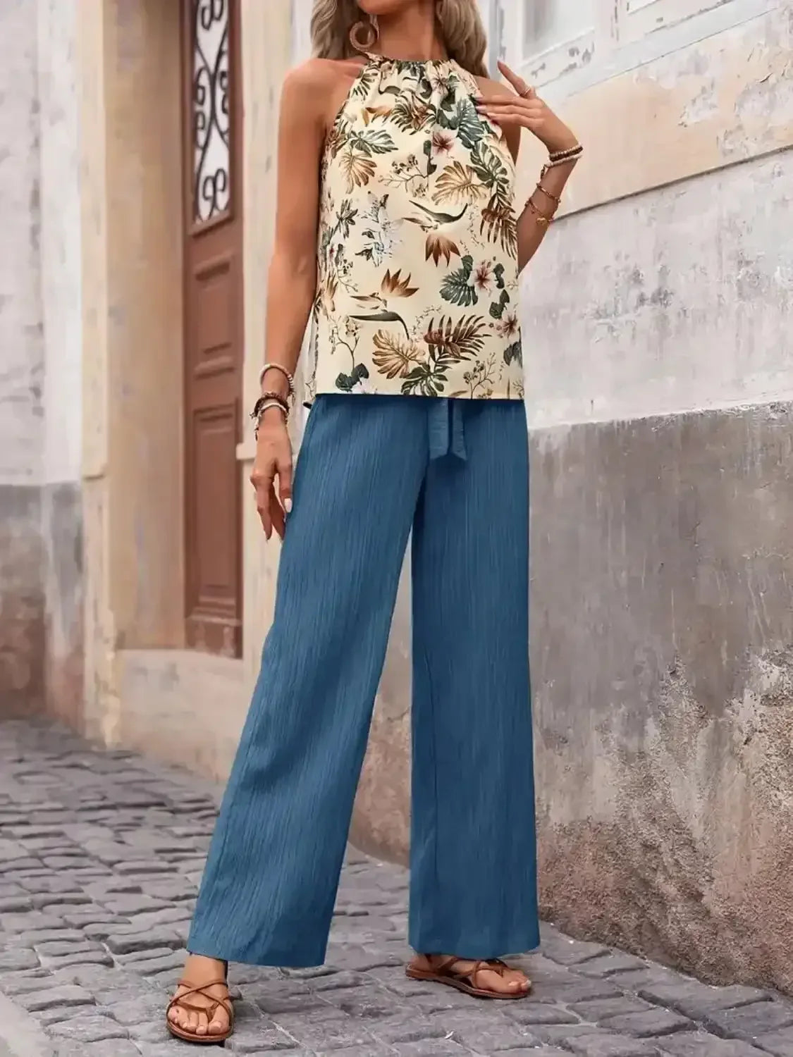 Printed Tank Top and Wide Leg Pants Set - Whatever You Like Shop
