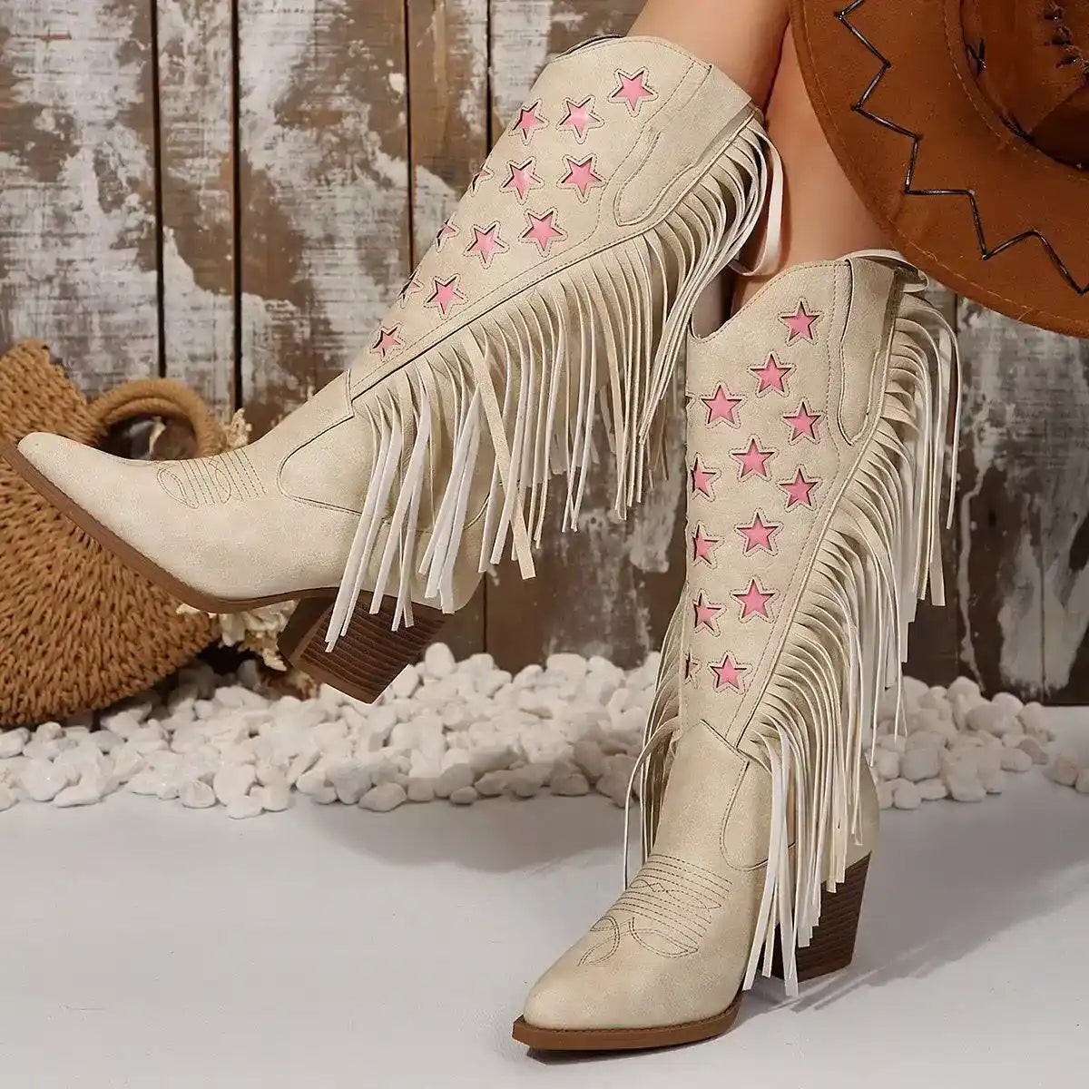 Star Fringe Block Heel Boots