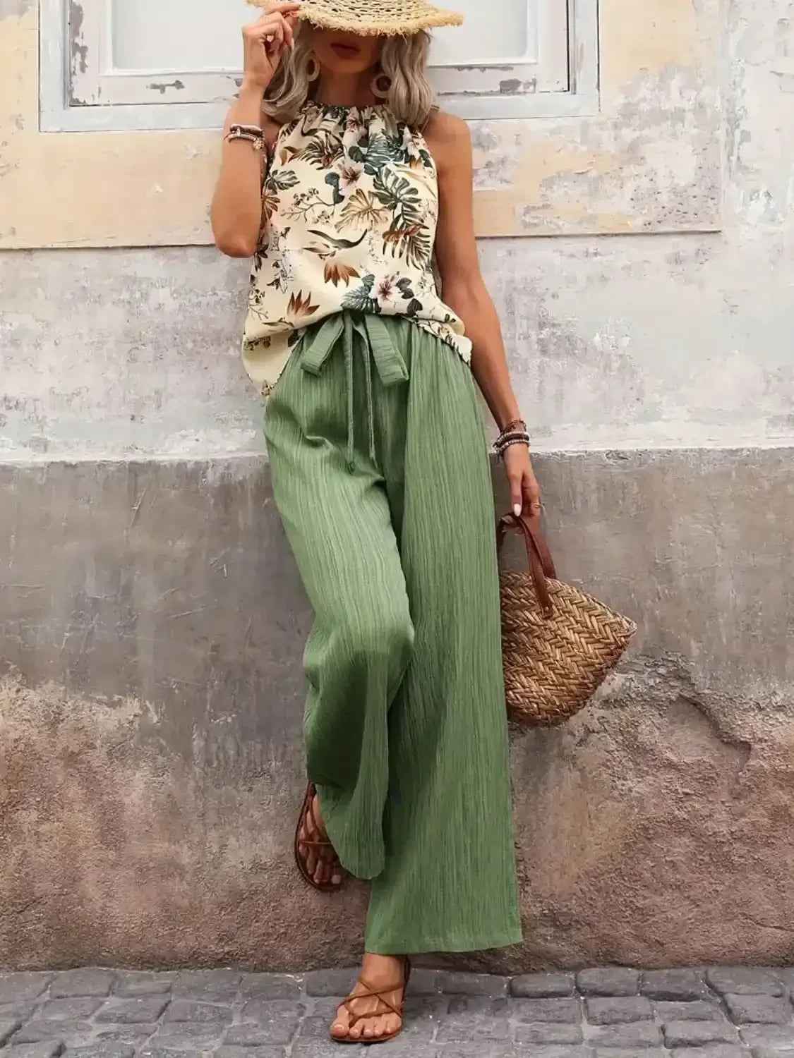 Printed Tank Top and Wide Leg Pants Set - Whatever You Like Shop