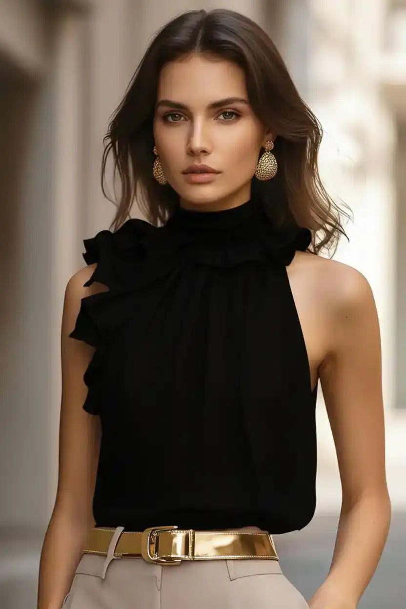 Woman in elegant black sleeveless top with ruffled neckline, gold earrings, and gold belt