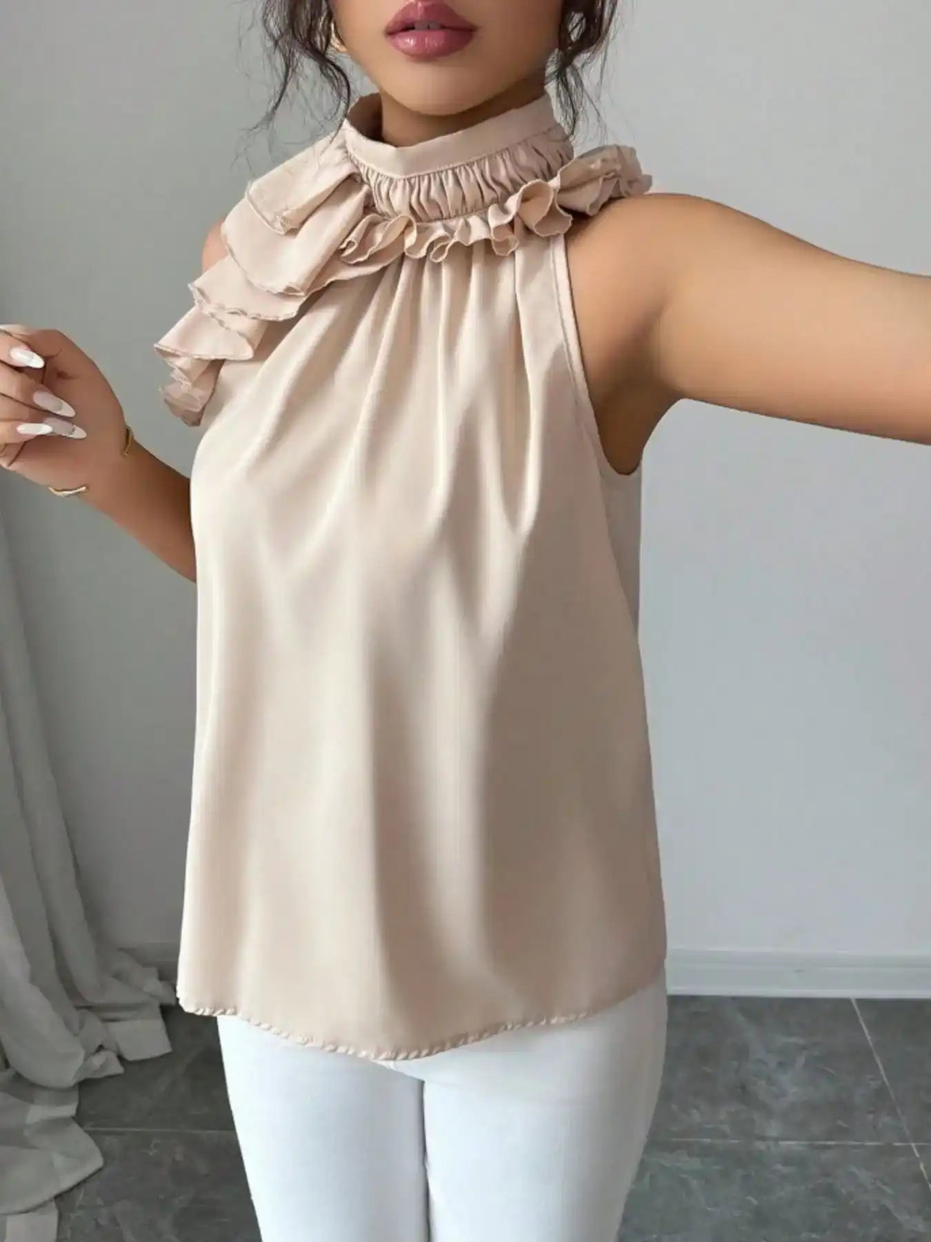 Ruffle High Neck Sleeveless Top