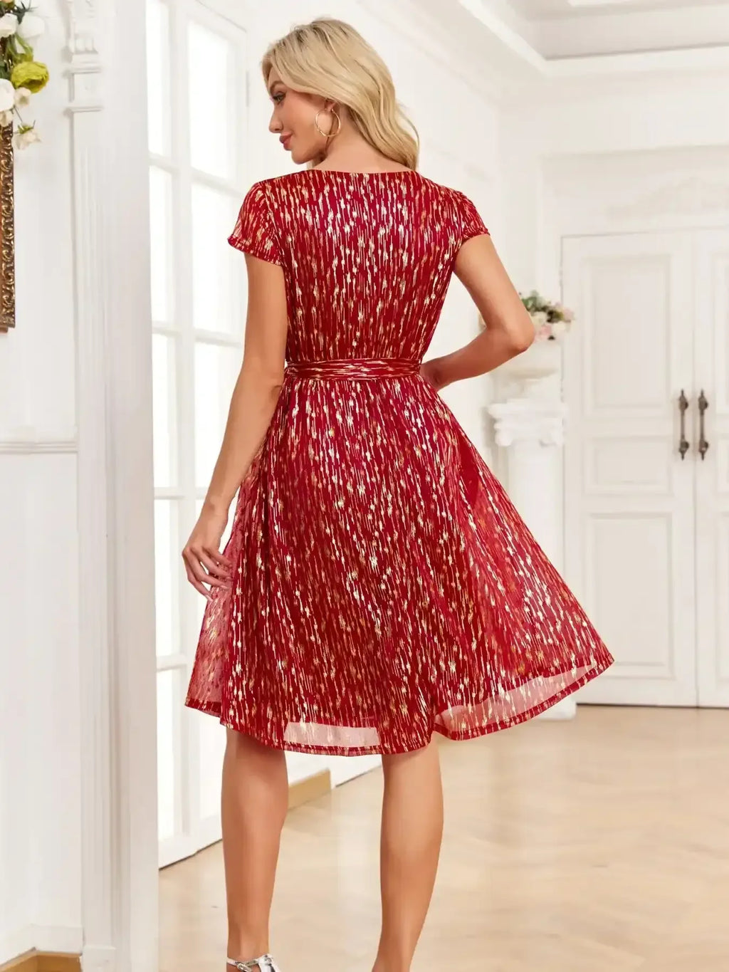 V-Neck Metallic Print Dress - Whatever You Like Shop