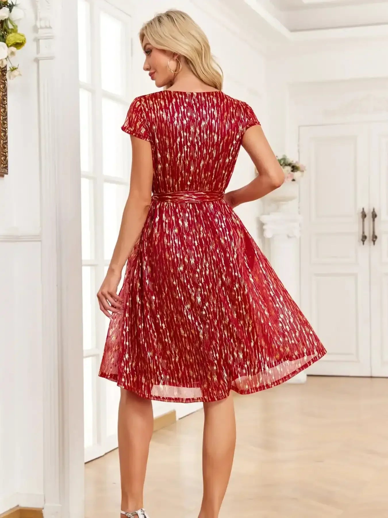 V-Neck Metallic Print Dress - Whatever You Like Shop