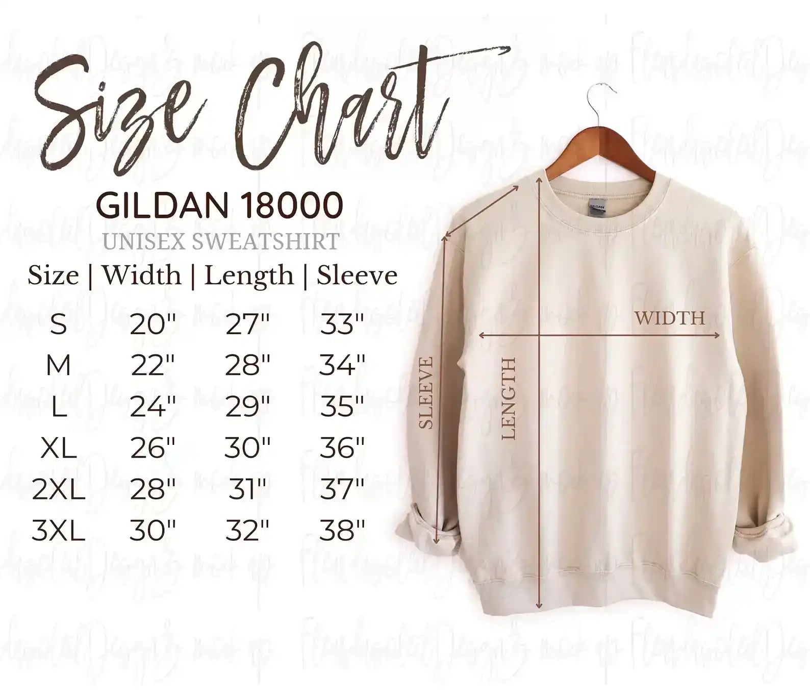 Gildan 18000 unisex sweatshirt size chart with width, length, and sleeve measurements. Beige sweatshirt on hanger.