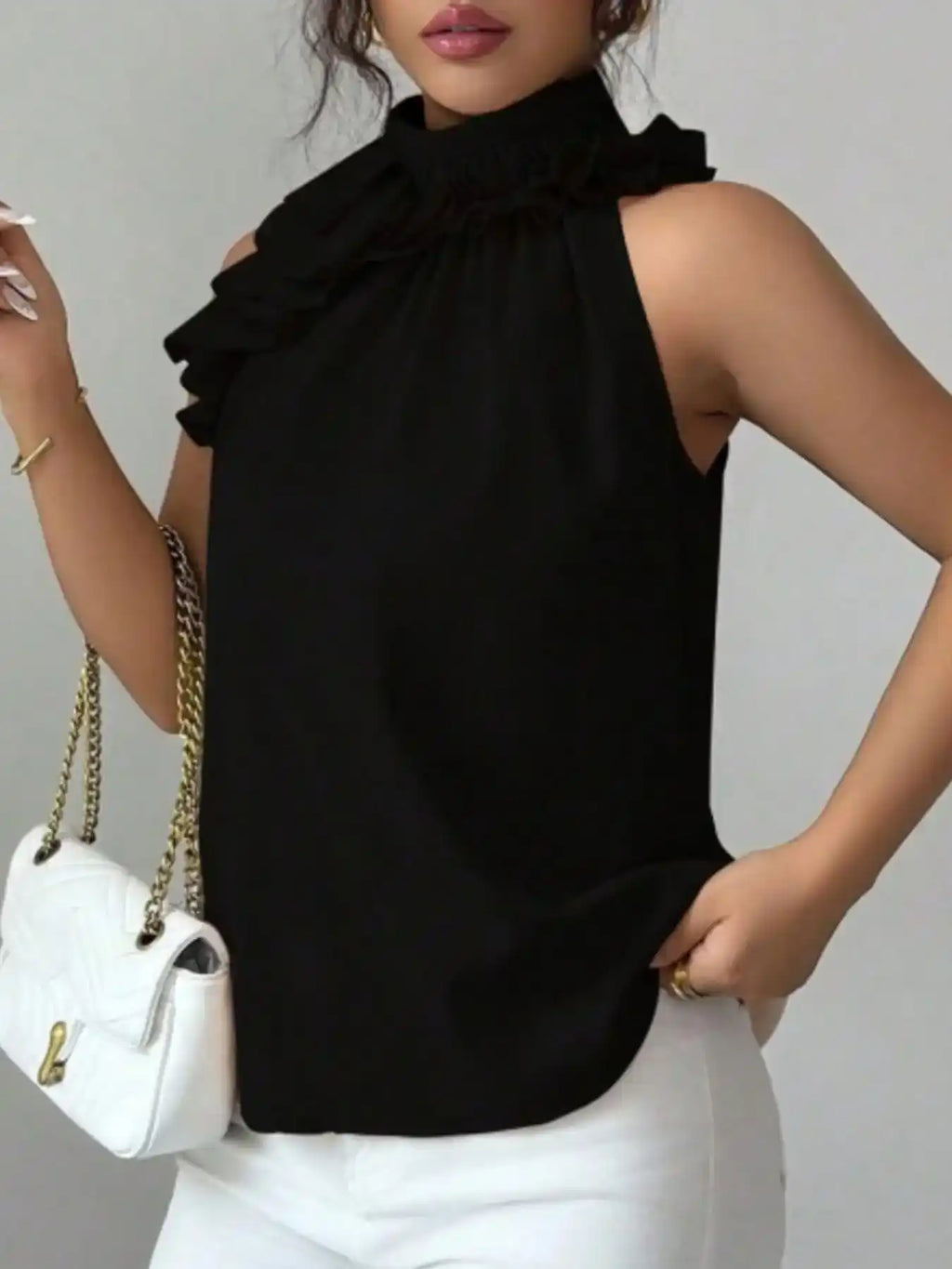 Ruffle High Neck Sleeveless Top