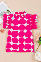 Pink and white polka dot short sleeve dress with ruffle sleeves, flat lay