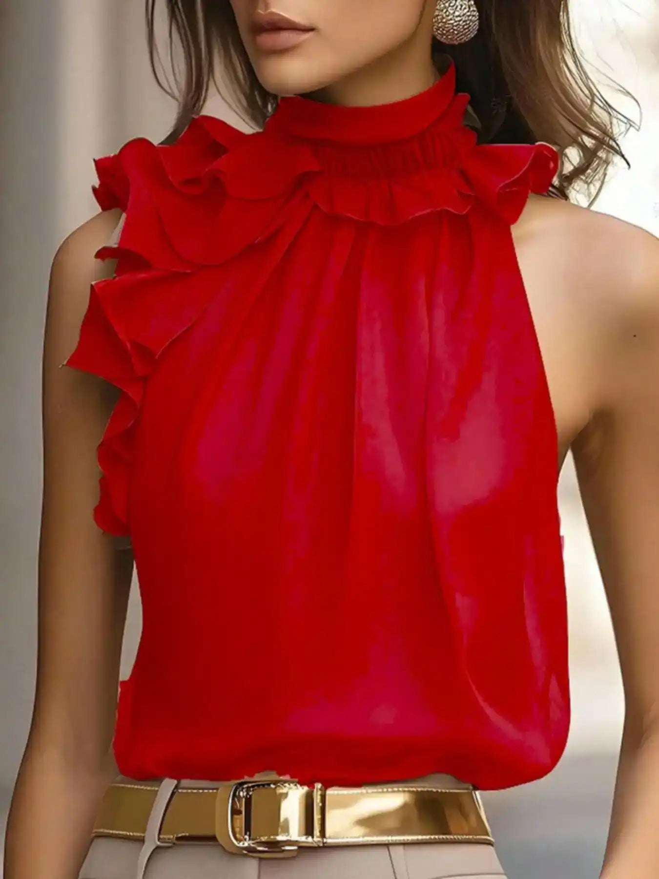 Ruffle High Neck Sleeveless Top