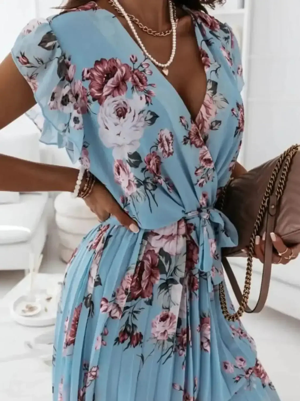 Floral Surplice Ruffled Cap Sleeve Dress - Whatever You Like Shop