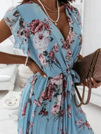 Floral Surplice Ruffled Cap Sleeve Dress - Whatever You Like Shop
