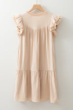 Floral Embroidered Pom Pom Ruffle Sleeve Dress