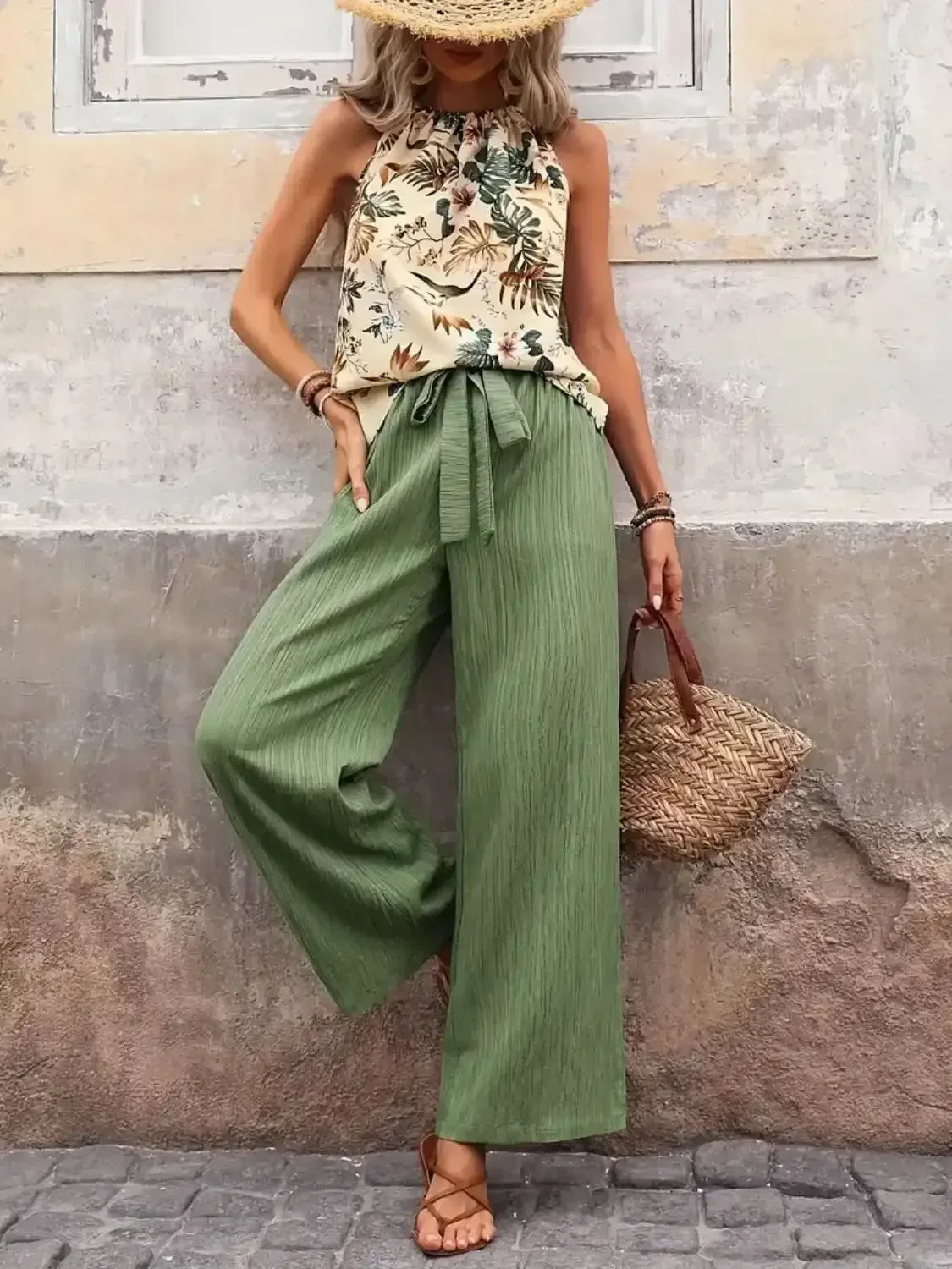 Printed Tank Top and Wide Leg Pants Set - Whatever You Like Shop