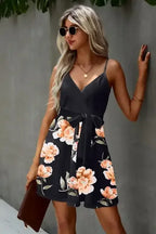 Floral V Neck Spaghetti Strap Belted Cami Dress - Whatever You Like Shop