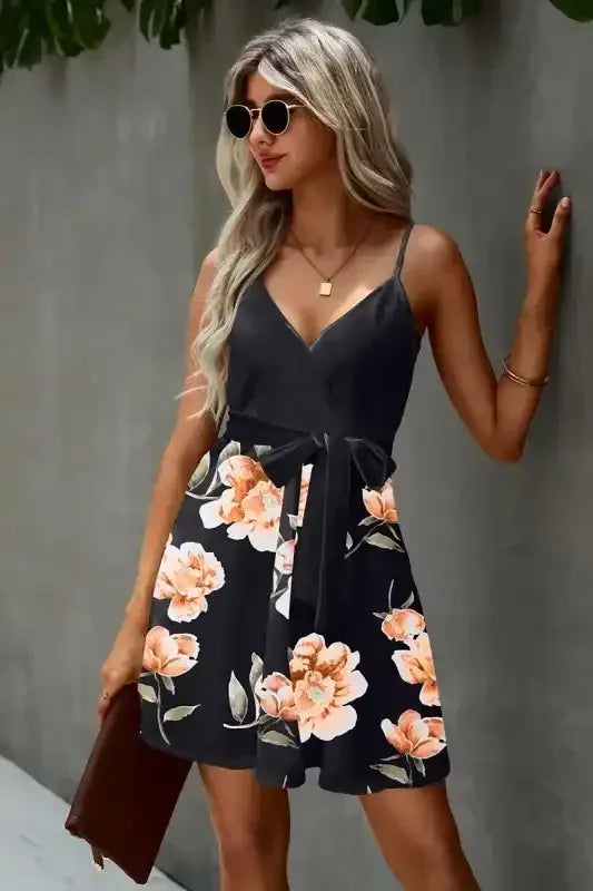 Floral V Neck Spaghetti Strap Belted Cami Dress - Whatever You Like Shop