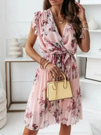 Floral Surplice Ruffled Cap Sleeve Dress - Whatever You Like Shop