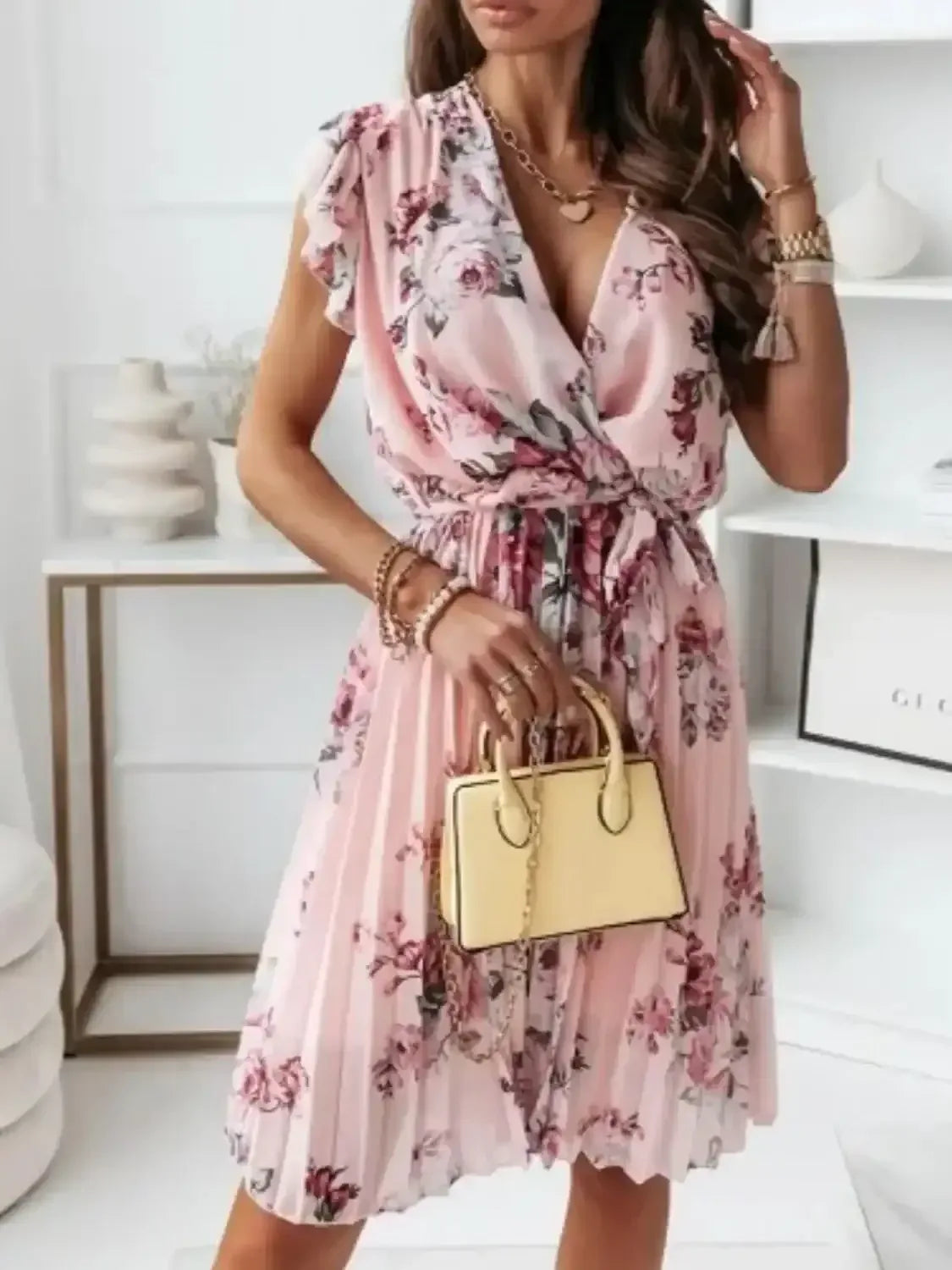 Floral Surplice Ruffled Cap Sleeve Dress - Whatever You Like Shop