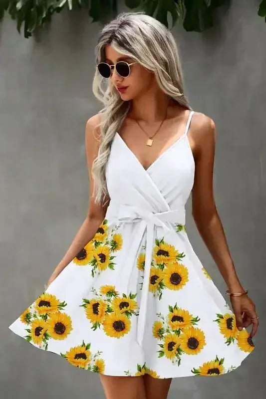 Floral V Neck Spaghetti Strap Belted Cami Dress - Whatever You Like Shop