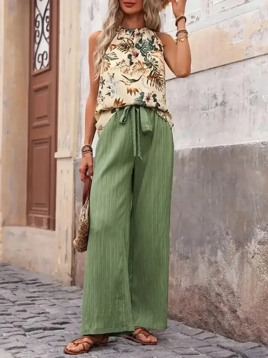 Printed Tank Top and Wide Leg Pants Set - Whatever You Like Shop
