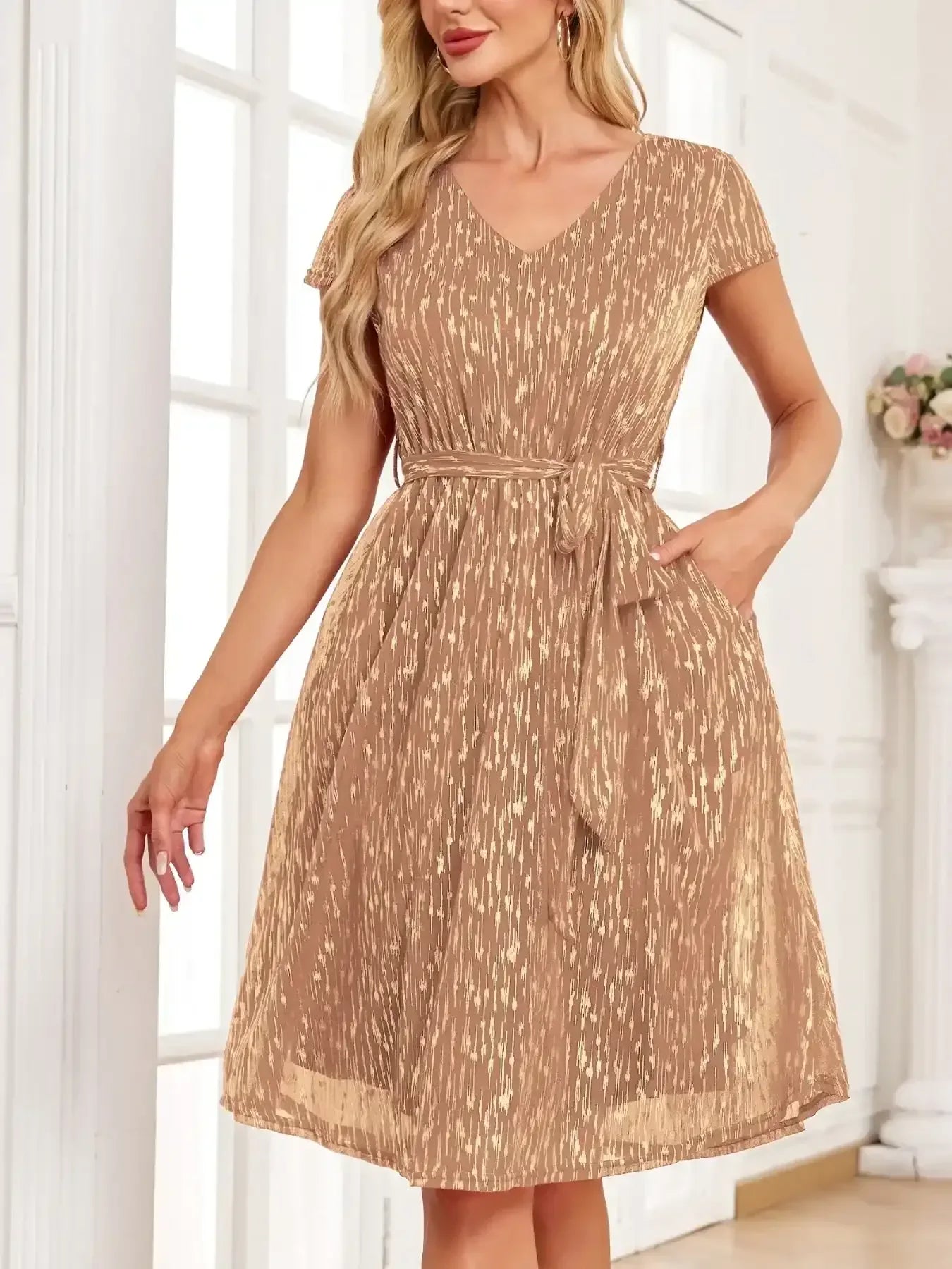 V-Neck Metallic Print Dress - Whatever You Like Shop