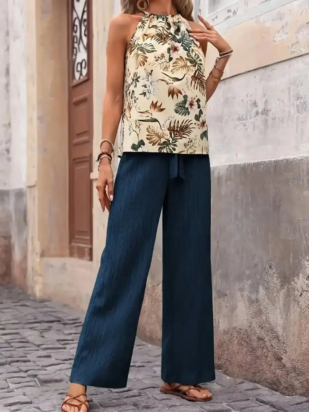 Printed Tank Top and Wide Leg Pants Set - Whatever You Like Shop