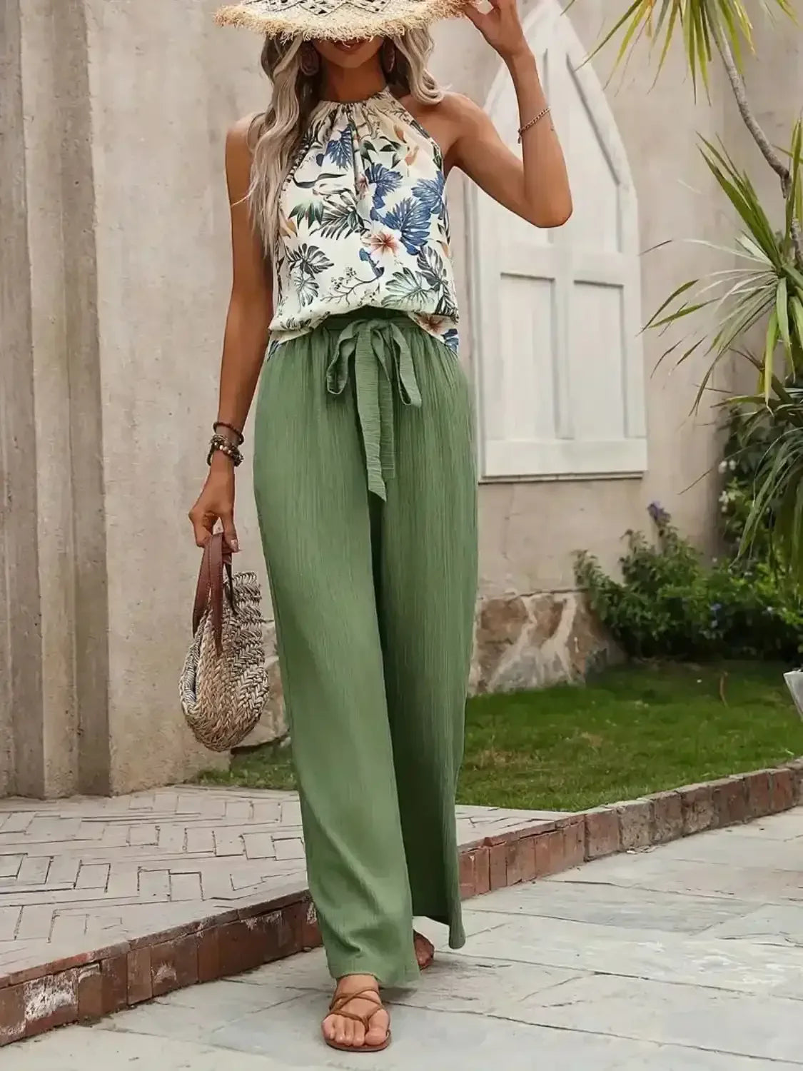 Printed Tank Top and Wide Leg Pants Set - Whatever You Like Shop