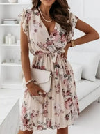 Floral Surplice Ruffled Cap Sleeve Dress - Whatever You Like Shop