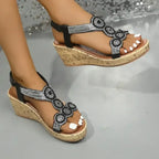 Rhinestone Embellished Cork Wedge Sandals - Whatever You Like Shop