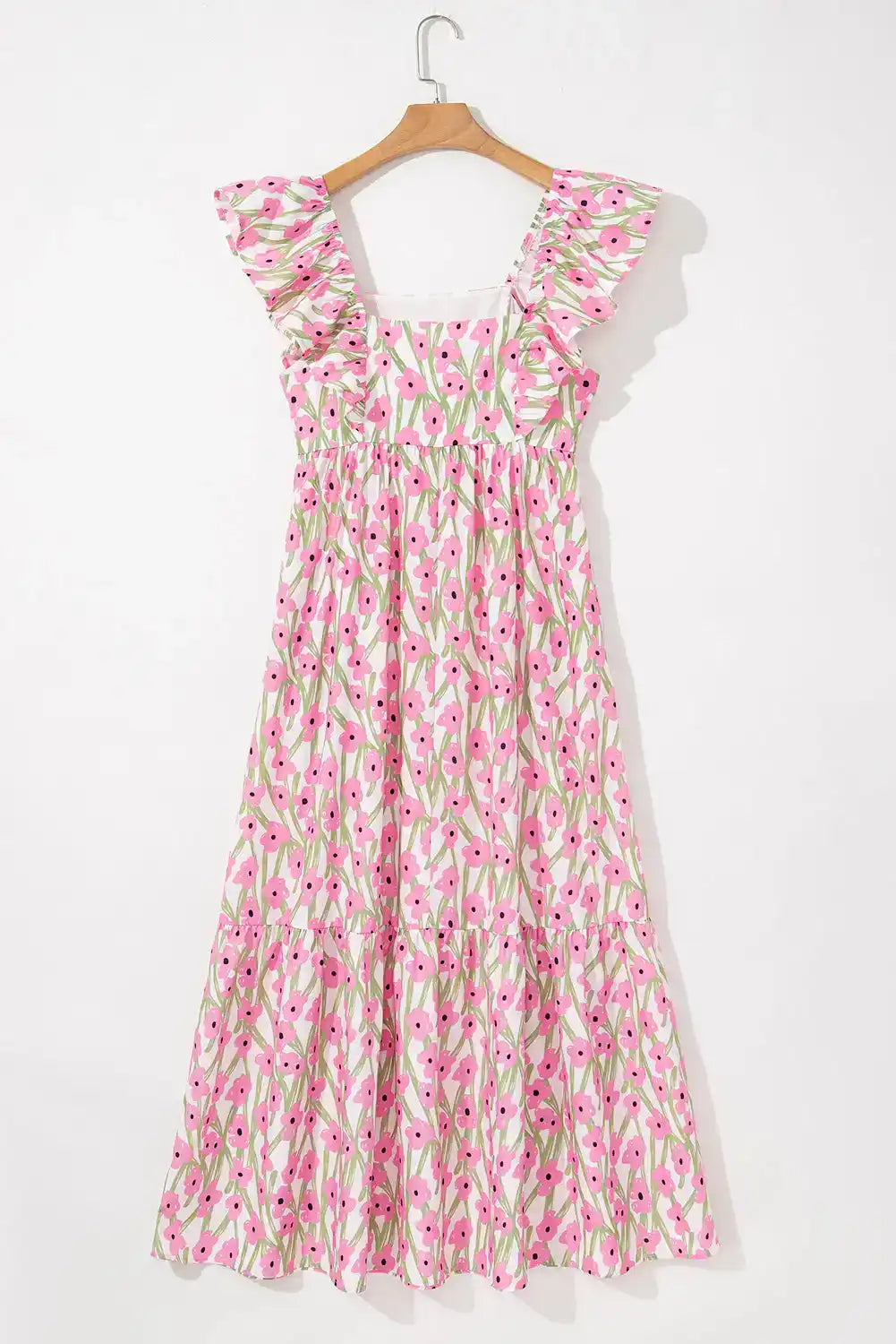 Floral print pink ruffle midi dress with square neckline and sleeveless design