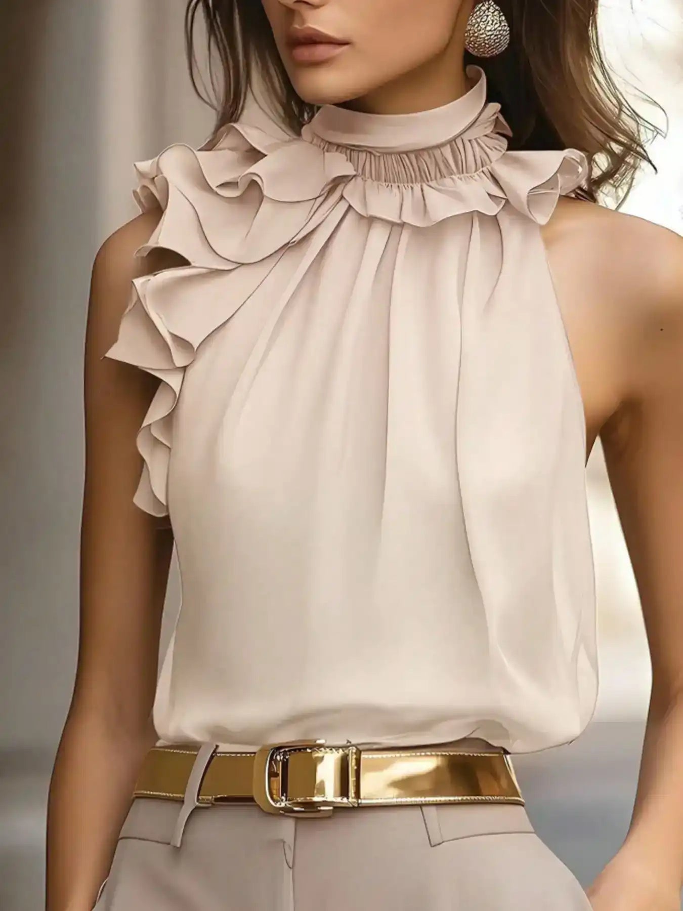 Woman wearing a beige ruffled sleeveless blouse and gold belt, chic boutique fashion style