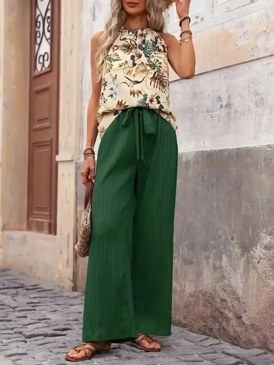 Printed Tank Top and Wide Leg Pants Set - Whatever You Like Shop