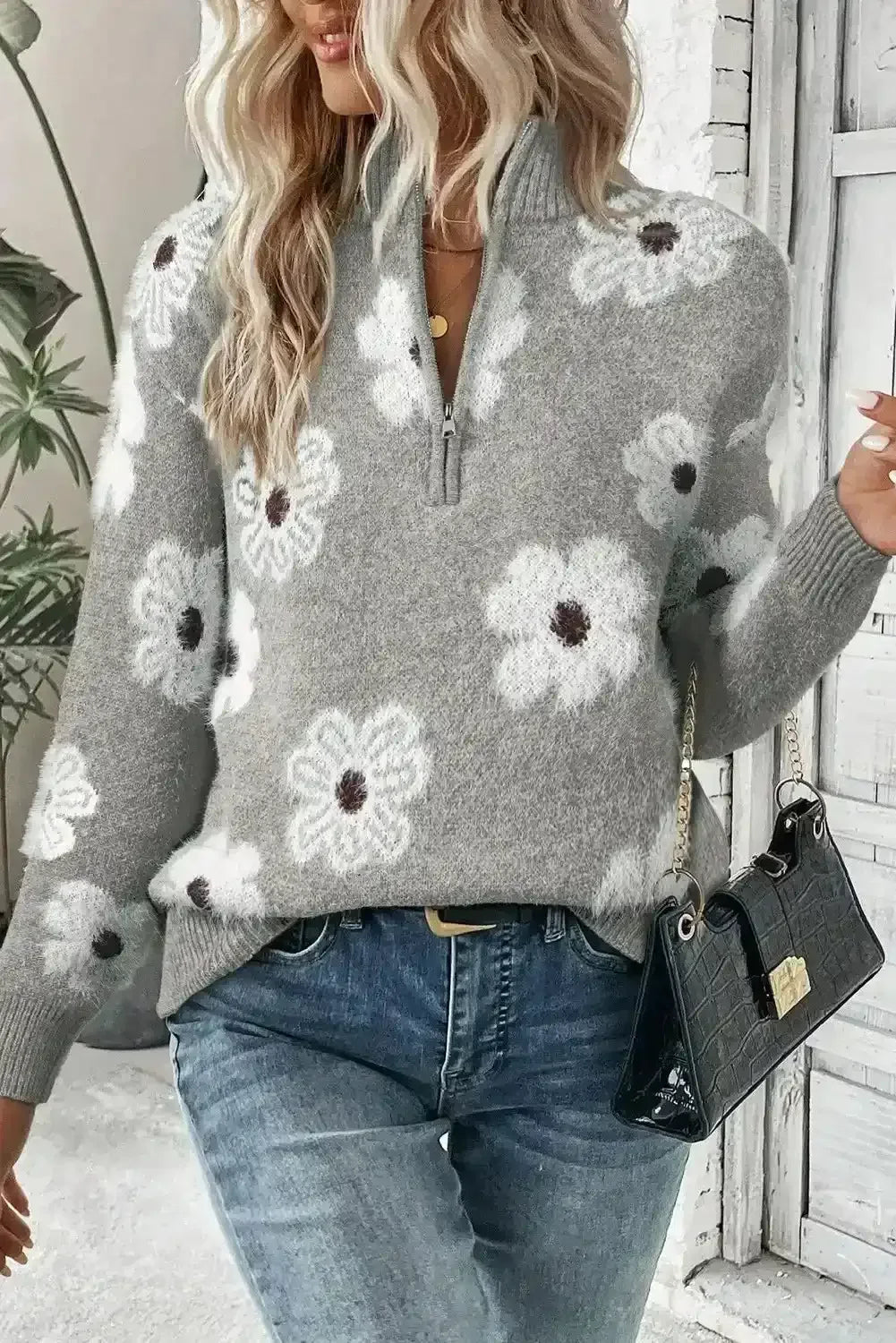 Flower Half Zip Sweater - Whatever You Like Shop