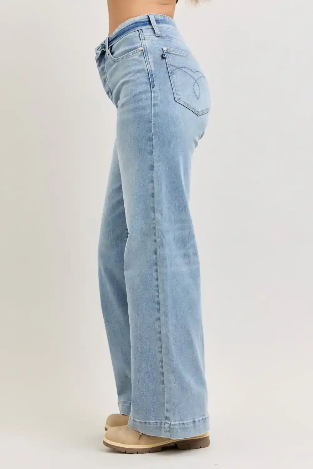 Judy Blue Mid Rise Retro Wide Leg Jeans with Fold-over Waistband