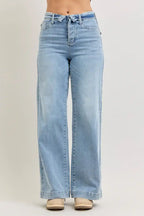 Judy Blue Mid Rise Retro Wide Leg Jeans with Fold-over Waistband