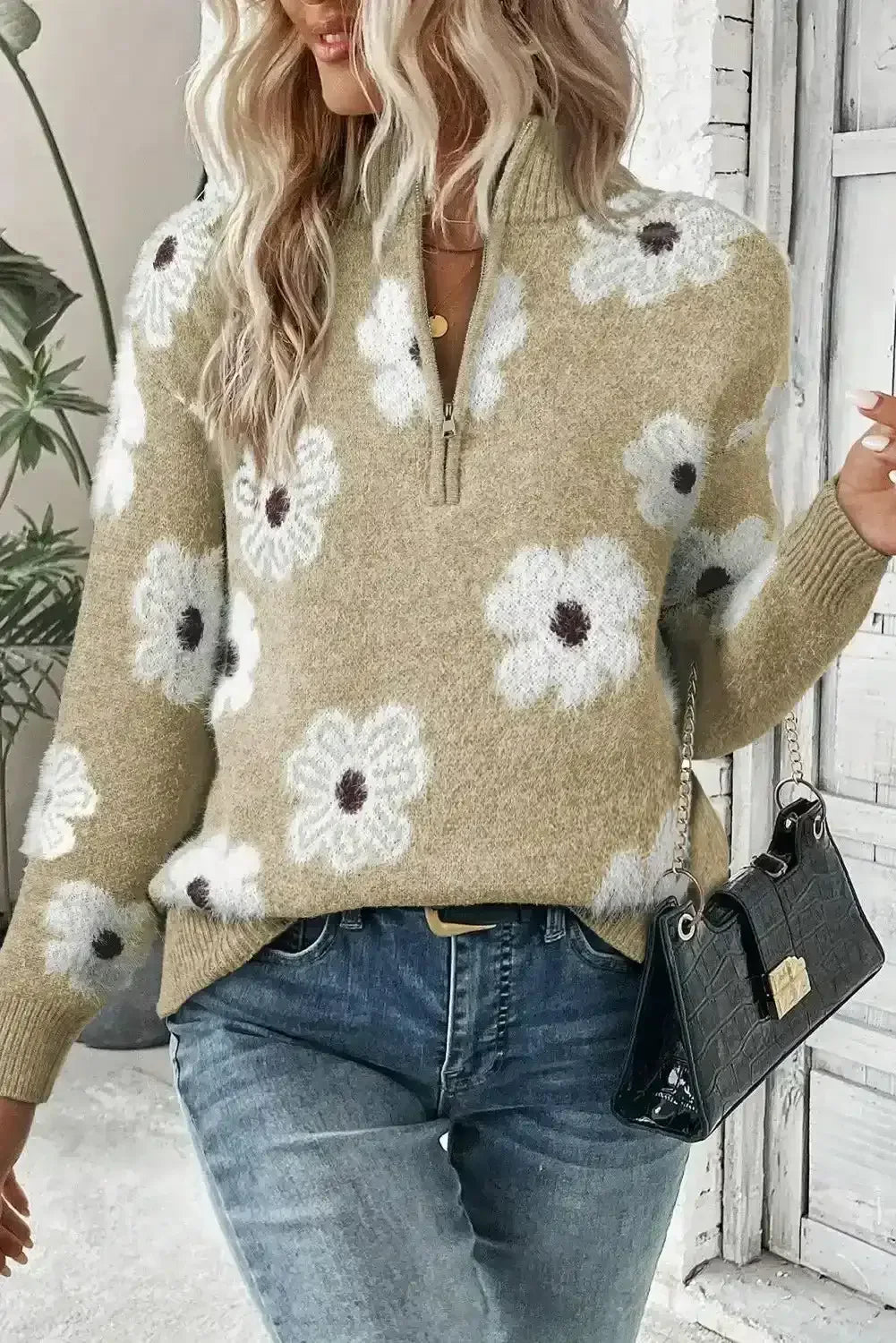 Flower Half Zip Sweater - Whatever You Like Shop