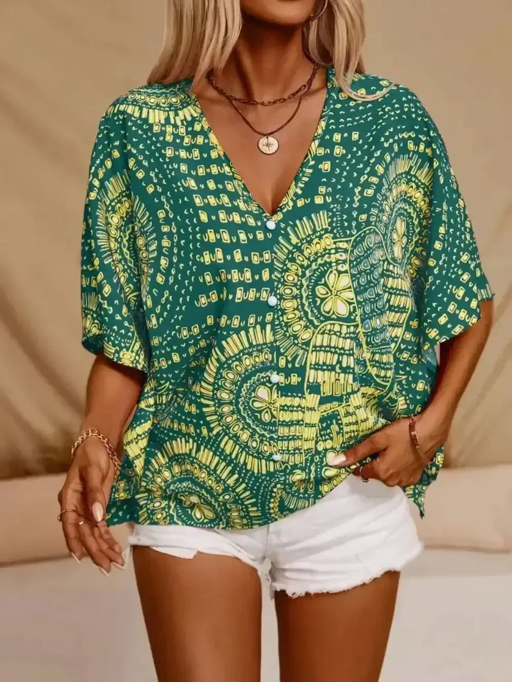 Printed V-Neck Half Sleeve Top - Whatever You Like Shop