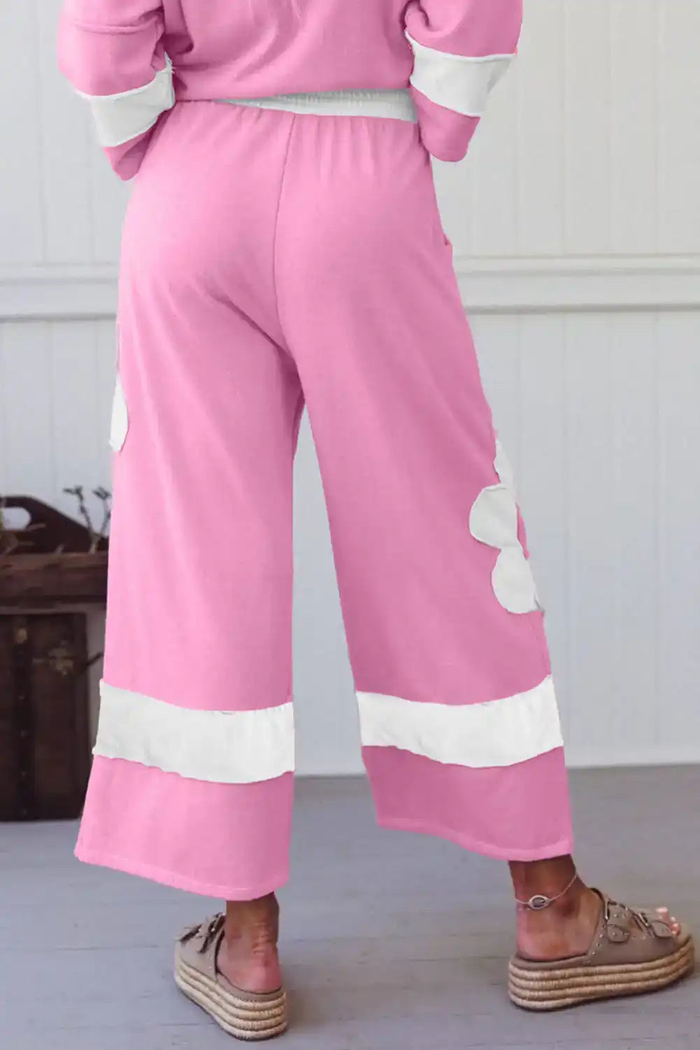 Flower Patched Raw Seam Loose Pants Set