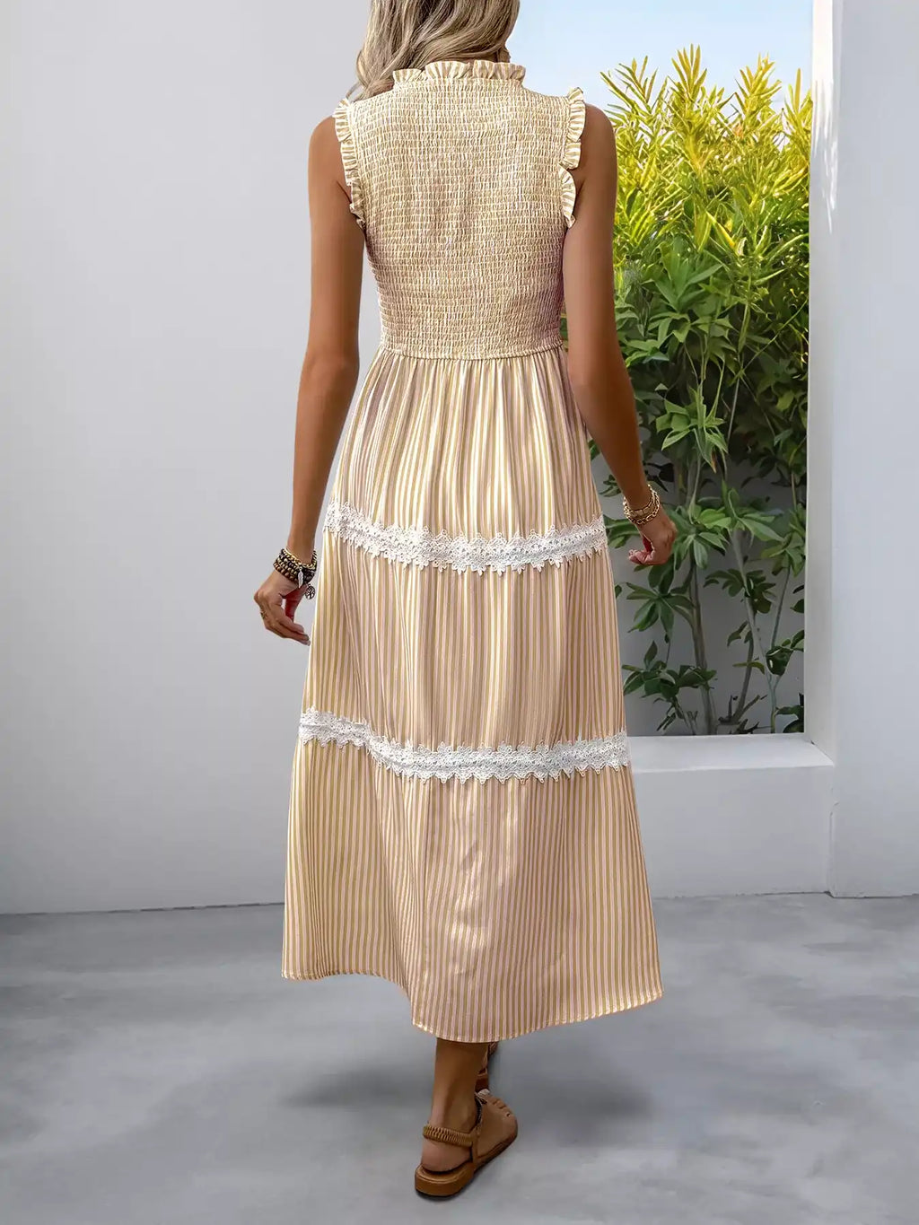 Beige striped midi dress with lace trim and ruffled sleeves for women's boutique fashion