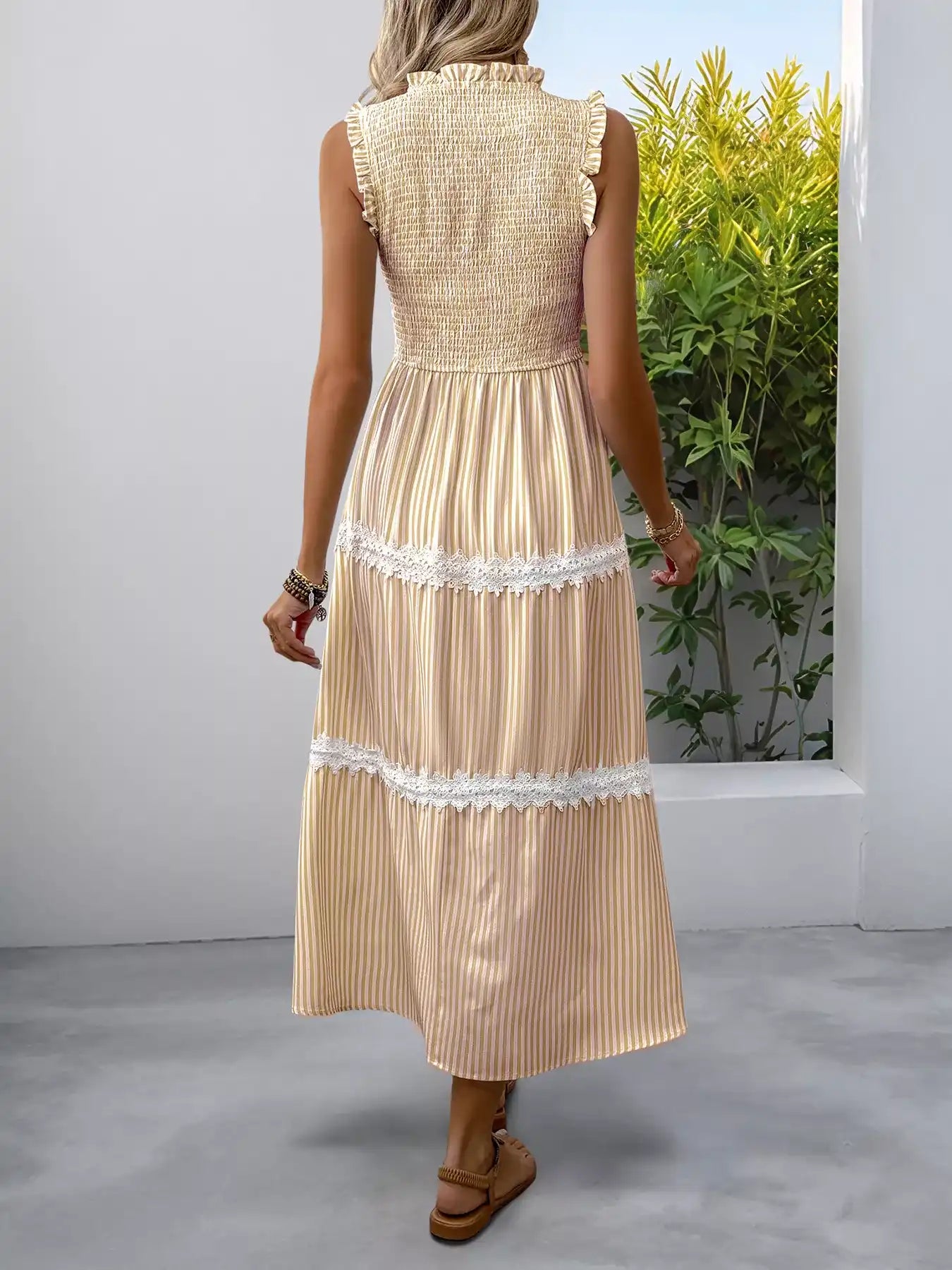 Beige striped midi dress with lace trim and ruffled sleeves for women's boutique fashion