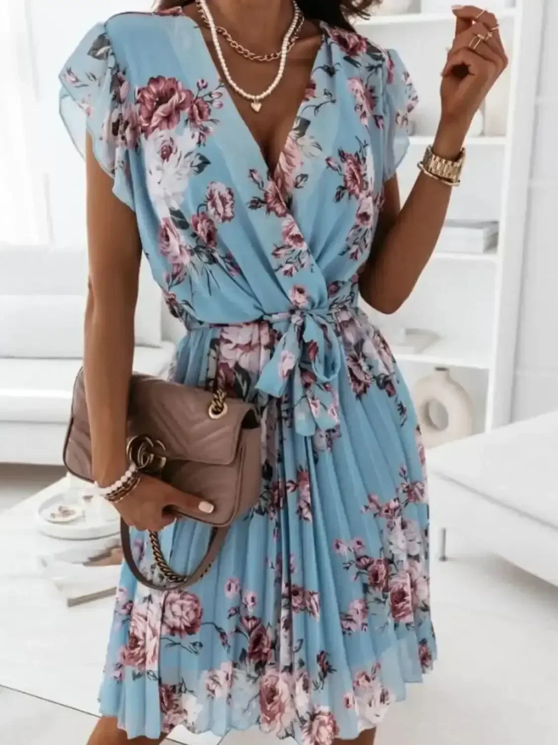 Floral Surplice Ruffled Cap Sleeve Dress - Whatever You Like Shop