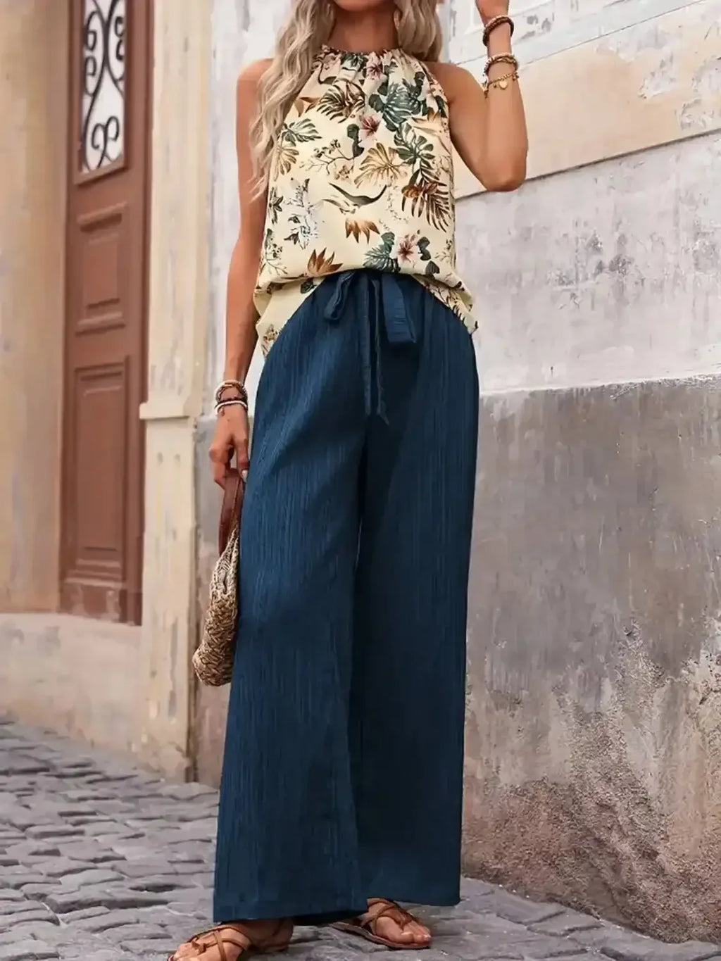 Printed Tank Top and Wide Leg Pants Set - Whatever You Like Shop